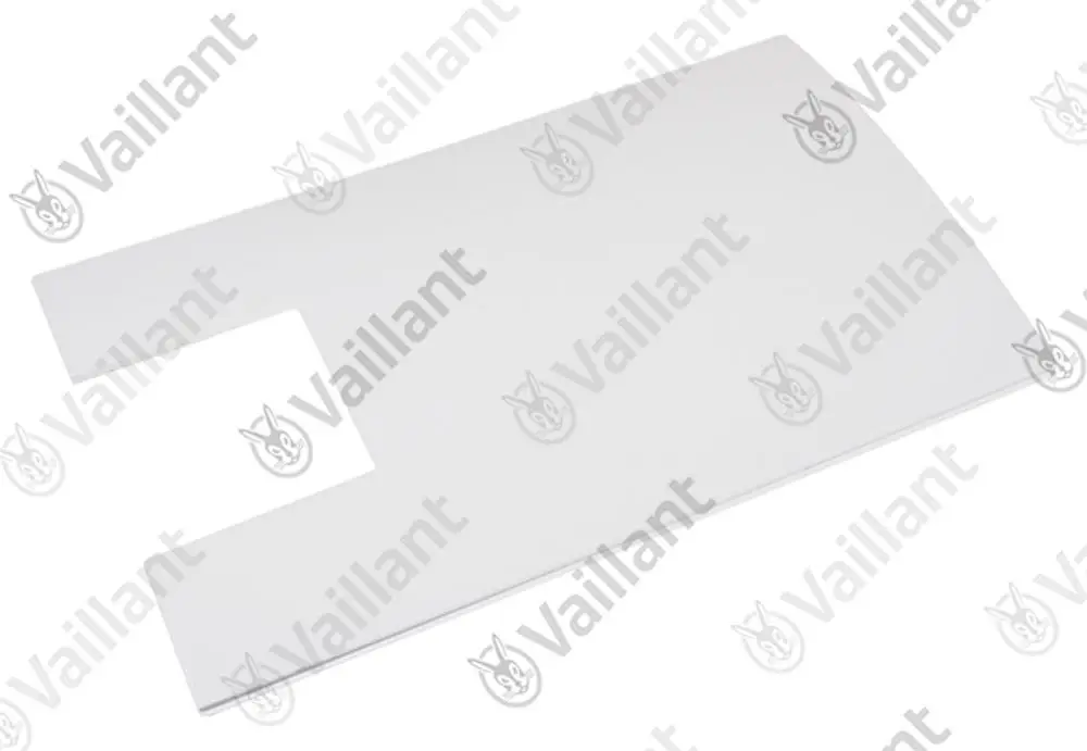 Weiße Abdeckung von Vaillant, rechteckige Form mit einer Aussparung auf der linken Seite. Ideal zur Verwendung in Heizungsanlagen oder ähnlichen Anwendungen.